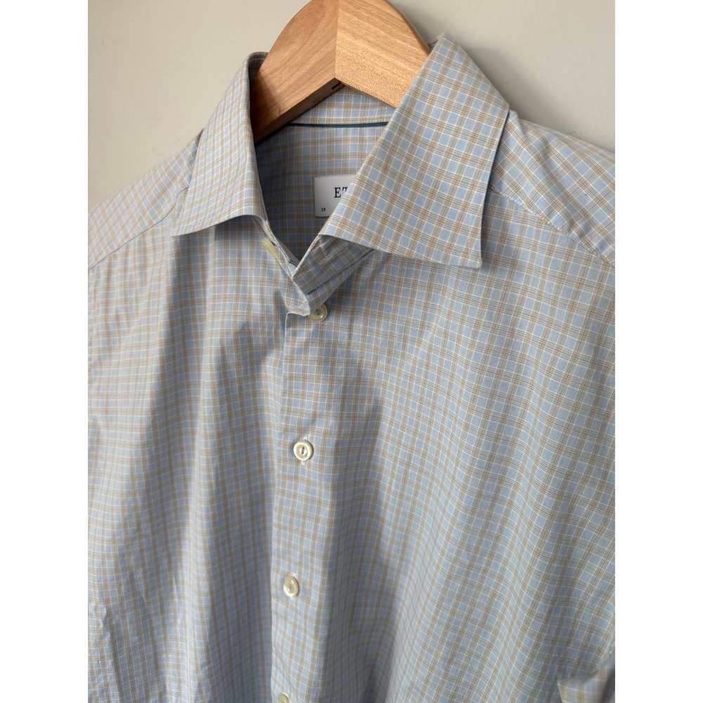 Eton Contemporary Fit Dress Shirt Mens 15.5 39 Blue Tan Check Plaid Long Sleeve